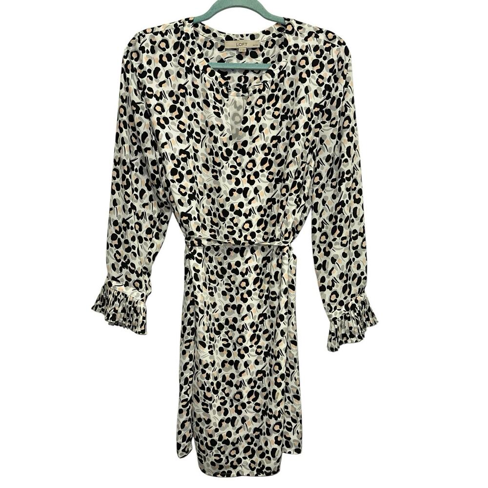 LOFT Petite Leopard Print Dress Large Petite Animal Print Ruffle Sleeve Belted